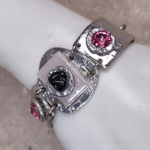 J Jansen Pink Swarovski/Black Onyx/Pink Quartz Silver Bracelet